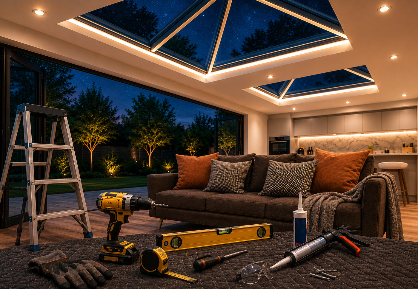 Modern living room with illuminated roof lanterns and installation tools, including a drill, ladder and sealant gun, ready for a DIY roof lantern installation.
