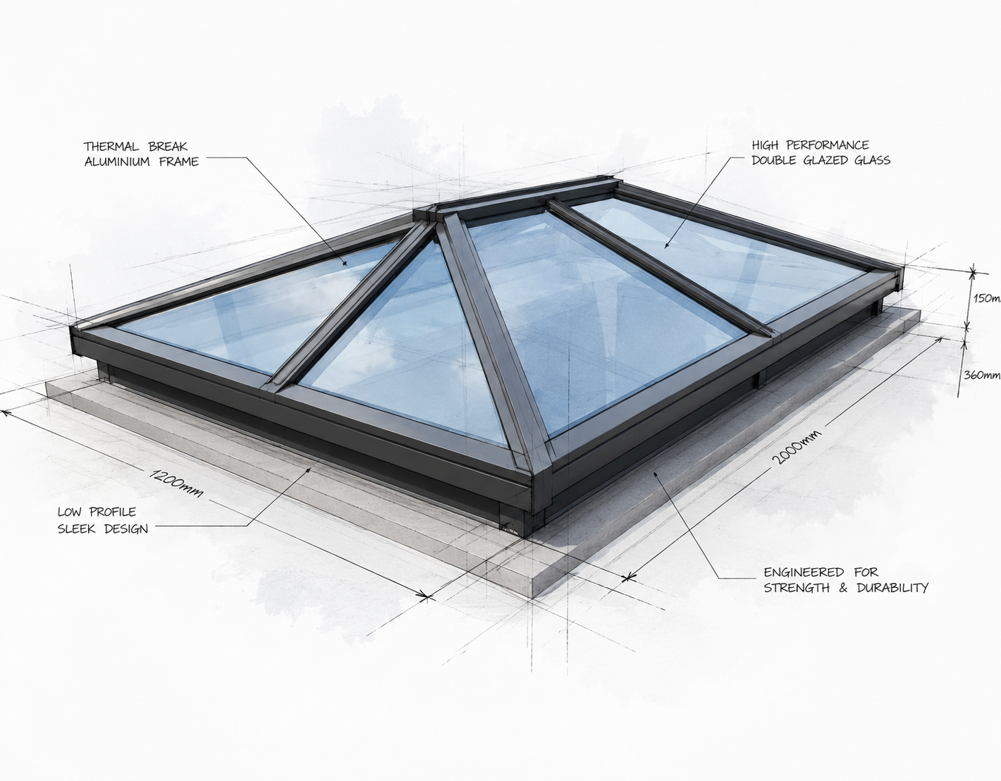 Architectural concept illustration of a custom Korniche roof lantern featuring a slimline aluminium frame, glazed panels and technical design sketches, highlighting modern engineering, thermal efficiency and contemporary rooflight design.