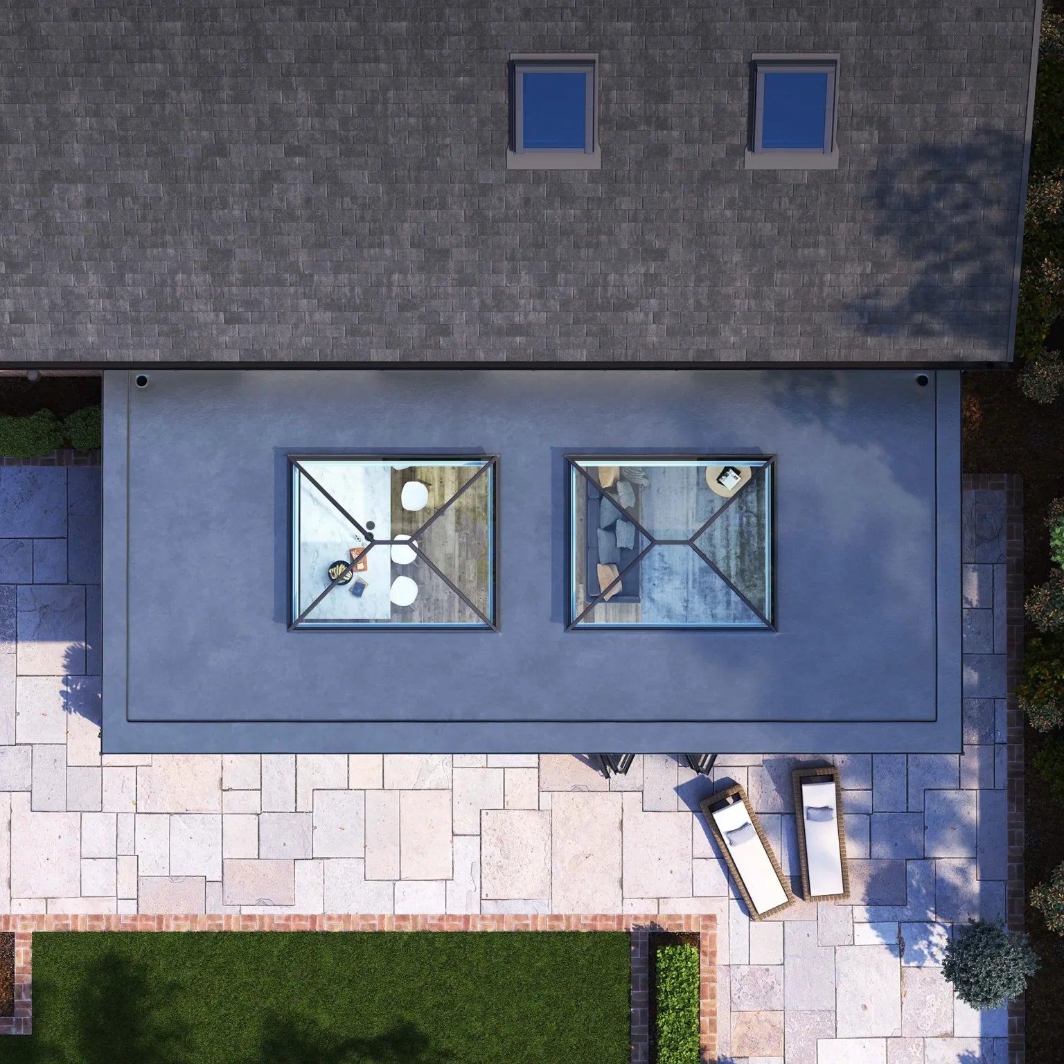 Two roof lanterns on a new extension for a stunning house development